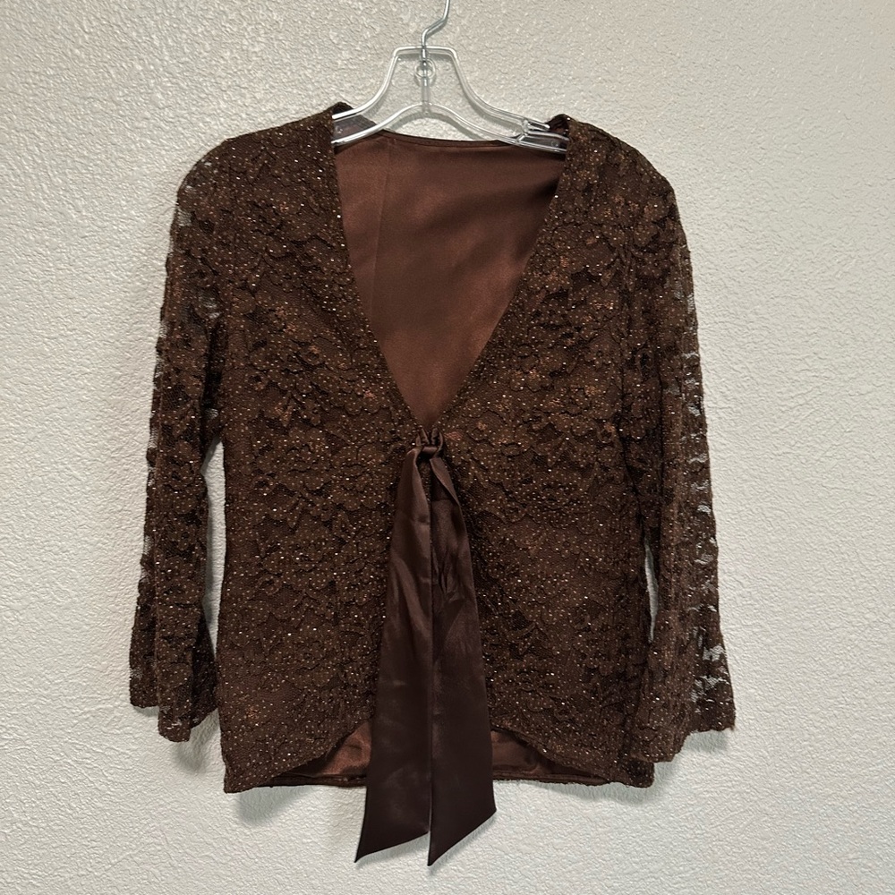 Brown Sparkly Lace Tie-Front Top